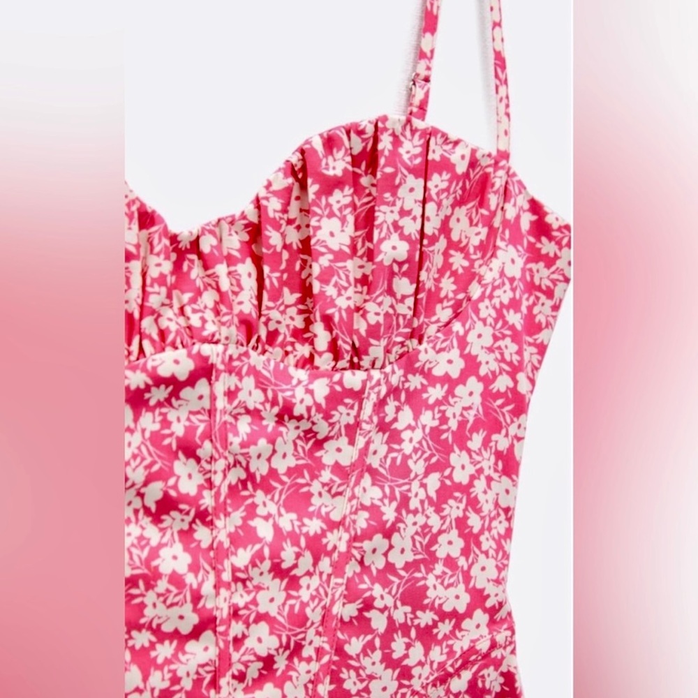 NWT Zara Pink White Floral Print Corset Bodysuit Sz S Summer Fest Beach Party - Picture 4 of 11